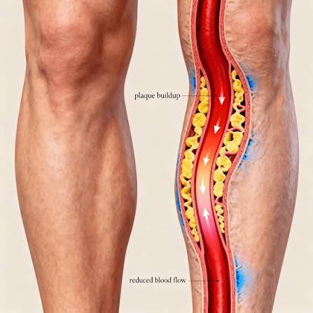 Illustration of a peripheral artery disease (PAD) intervention opening a narrowed leg artery to restore blood flow