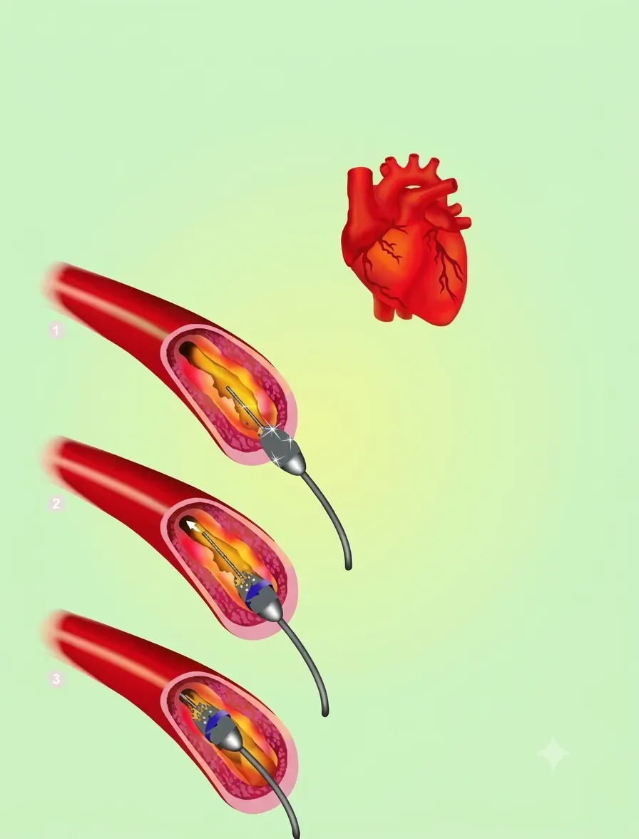 Diagram of an atherectomy procedure removing plaque from inside a blocked artery to restore blood flow